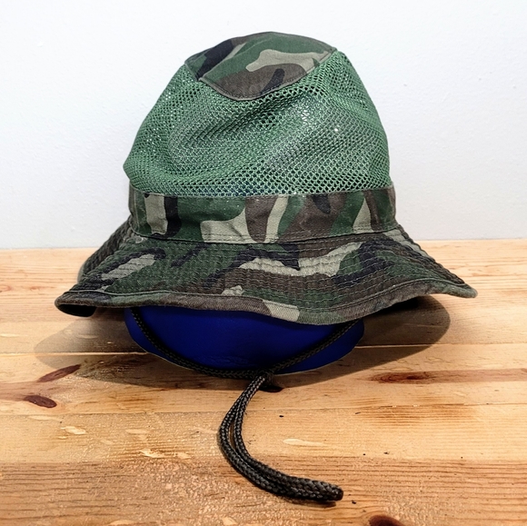 s.w. Other - Camoflague Boonie Bucket Sun Hat Size L Neck Cover Mesh Top Chin Cord Fishing
